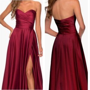 NWT LA FEMME Strapless Slit Satin Wine Ballgown